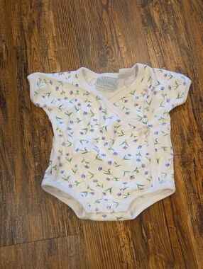 Basic Editions Cream Floral Wrap Bodysuit with Purple Flowers